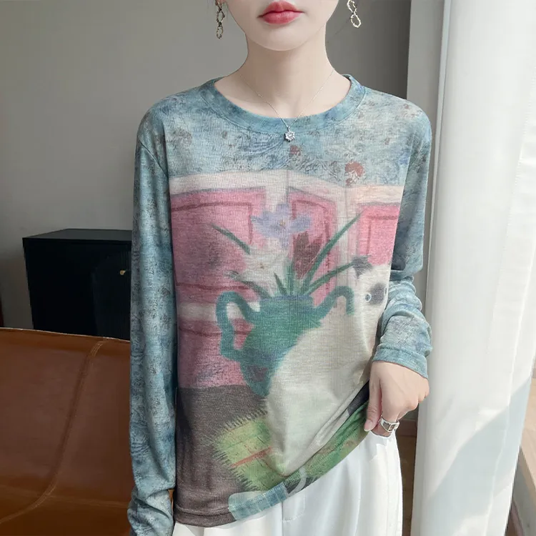 时尚壁画猫女士印花防晒t恤针织薄款秋季长袖修身T恤长袖套头休闲