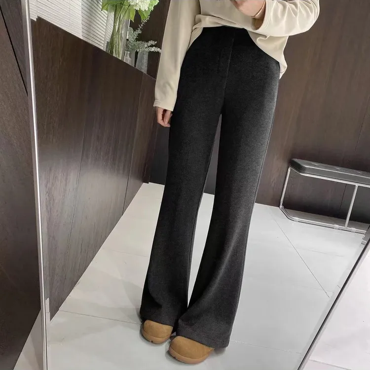 醋酸绵羊毛微喇裤加绒秋冬新品修身显高显腿直微宽松双层复合裤子