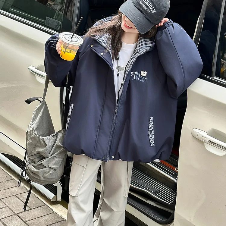 女童秋冬加棉外套2025新款儿童洋气时髦女大童二棉连帽派克服加厚