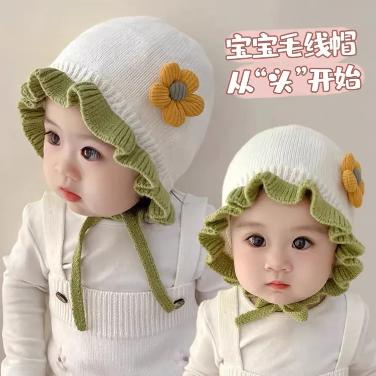 花边小花婴儿帽子秋冬季儿童女宝宝毛线帽春秋款保暖公主帽秋冬JY