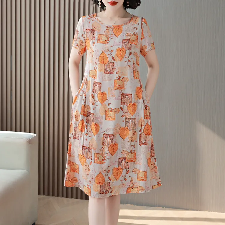棉绸短袖连衣裙女夏新款时尚宽松显瘦遮肚居家外穿过膝中长款裙子