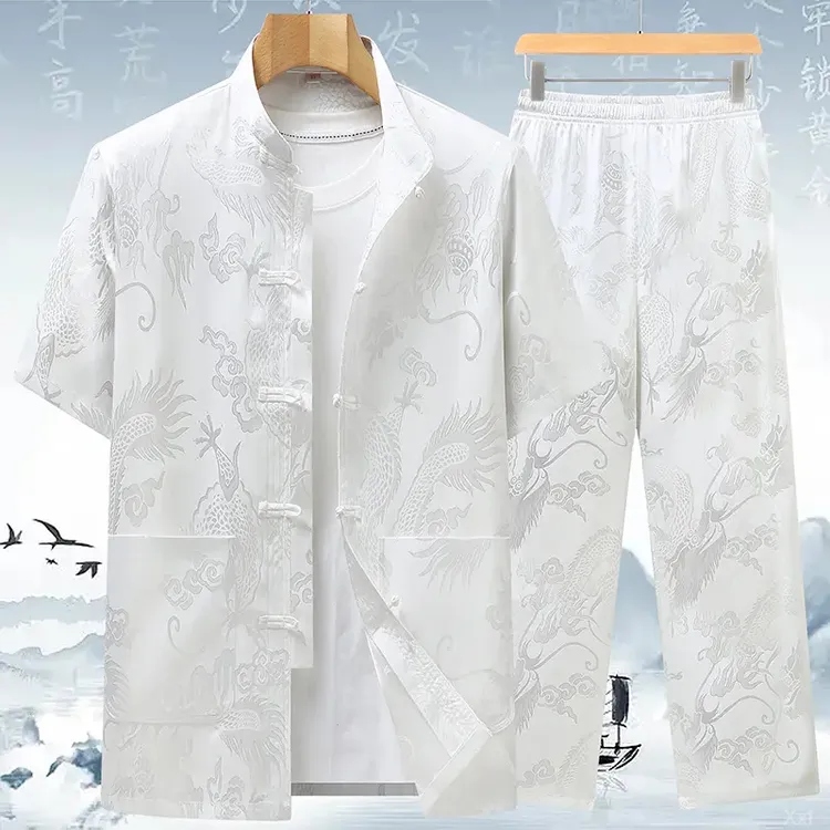 新中式唐装男老人新款夏季冰丝短袖衬衫套装龙纹汉服太极服中国风
