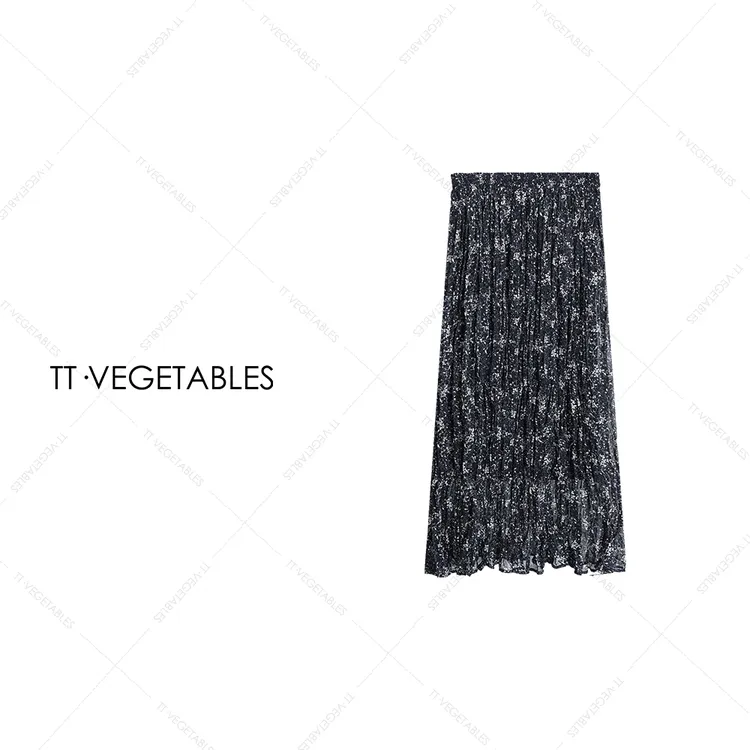 TT・VEGETABLES【序白】花斑 时尚通勤褶皱碎花高腰半裙半身裙521291