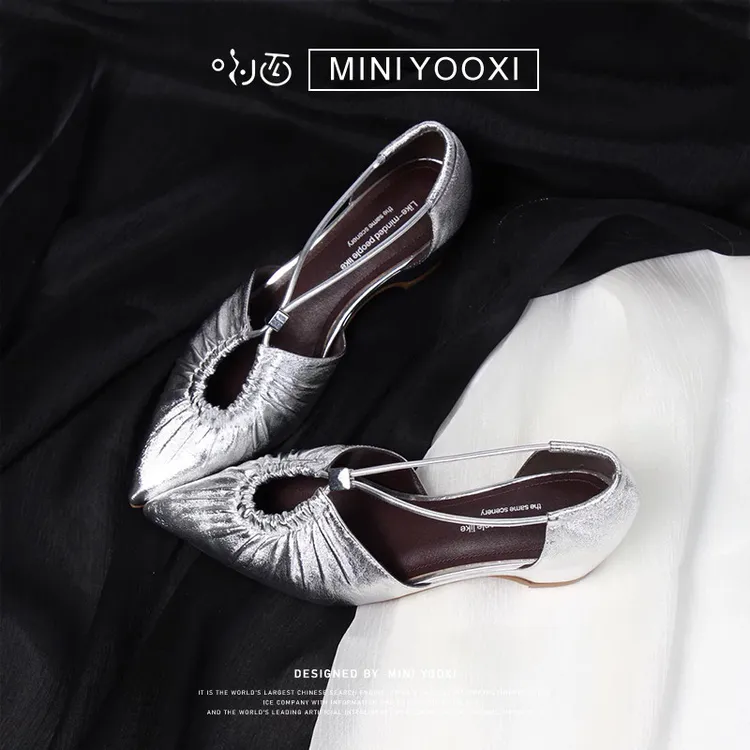 2025夏季新款尖头褶皱镂空包跟金属烟花扣半包外穿凉鞋坡跟中跟鞋