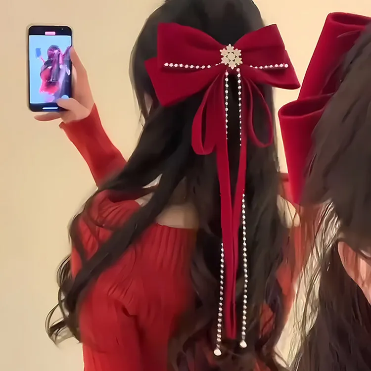 新年氛围感!雪花点缀超大号蝴蝶结飘带发夹女红丝绒圣诞节发饰