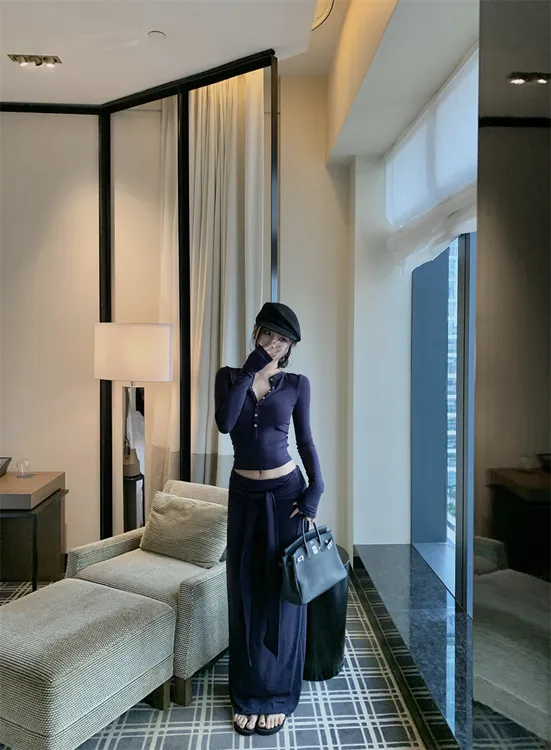 小众辣妹修身显瘦T恤上衣绑带垂感包臀半身长裙套装