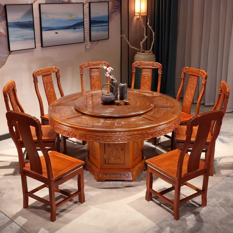 全实木餐桌椅组合中式仿古雕花大圆桌红木餐桌家用带转盘家用餐桌