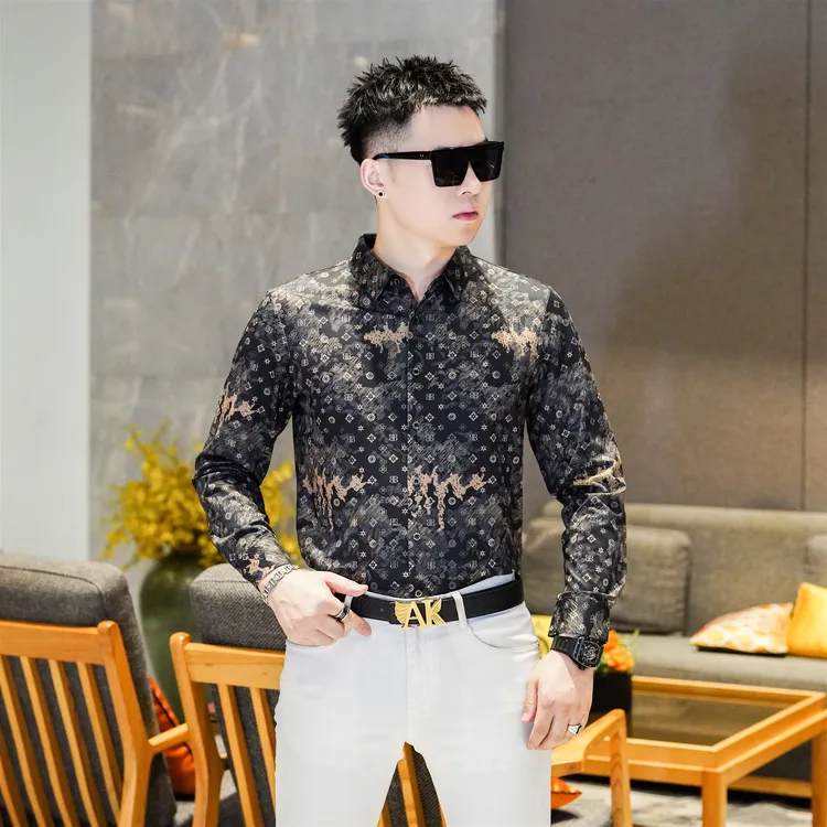 男士秋季新品商务时尚个性印花长袖衬衫痞帅修身柔软衬衣男GL2025