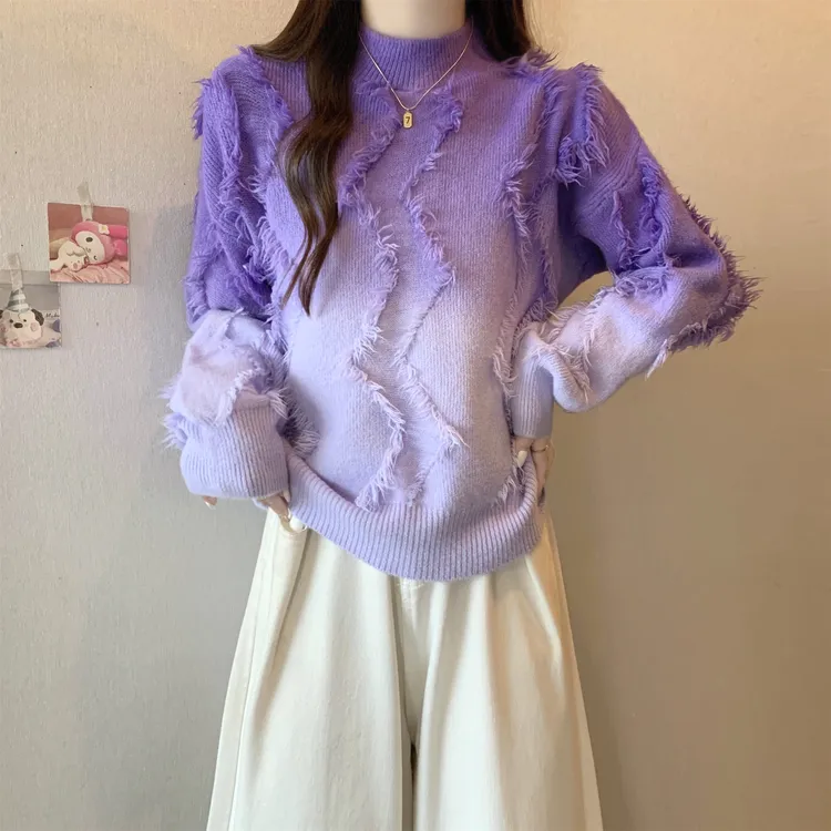 美式复古渐变色保暖毛衣女秋冬大码胖MM显瘦宽松遮肉针织打底上衣