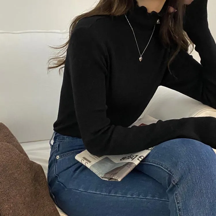 高领木耳边上衣内搭修身高领初春覆古春秋加绒白色针织打底衫女
