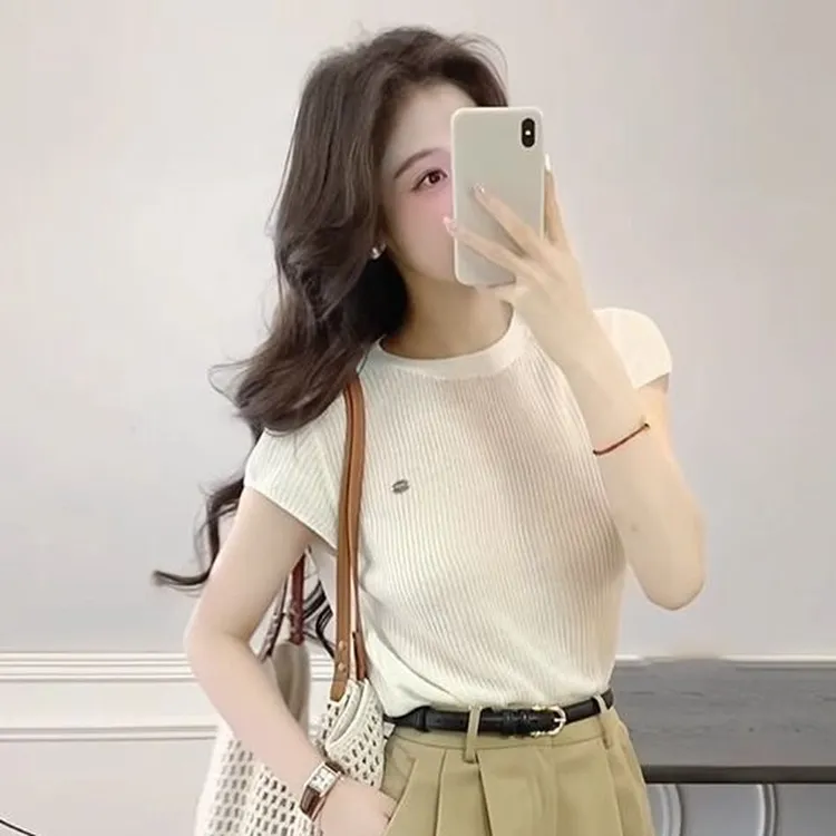 时尚套装女2025年夏季新款短袖冰丝针织衫上衣休闲阔腿短裤两件套