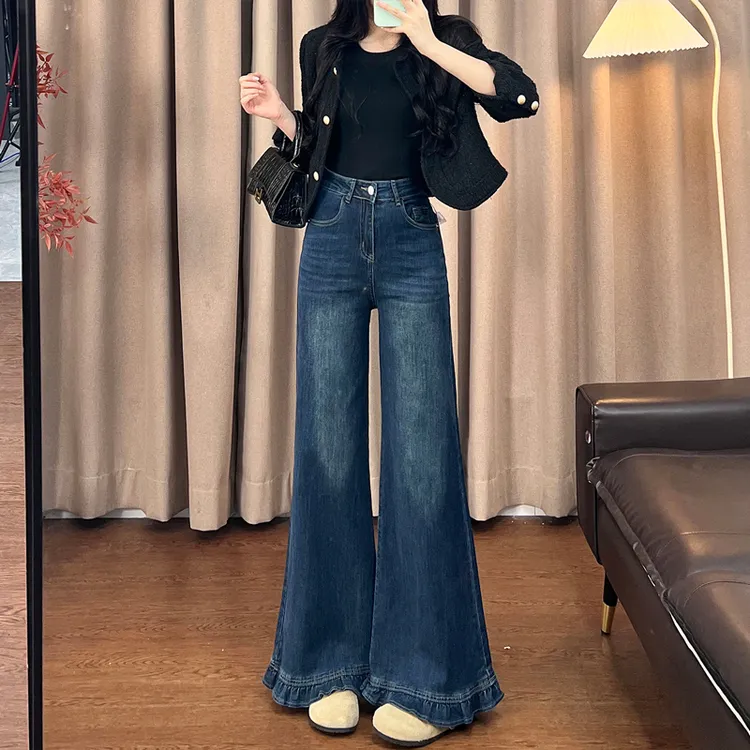 300斤大码荷叶边阔腿牛仔裤女秋季新款高腰宽松胖mm喇叭裤子