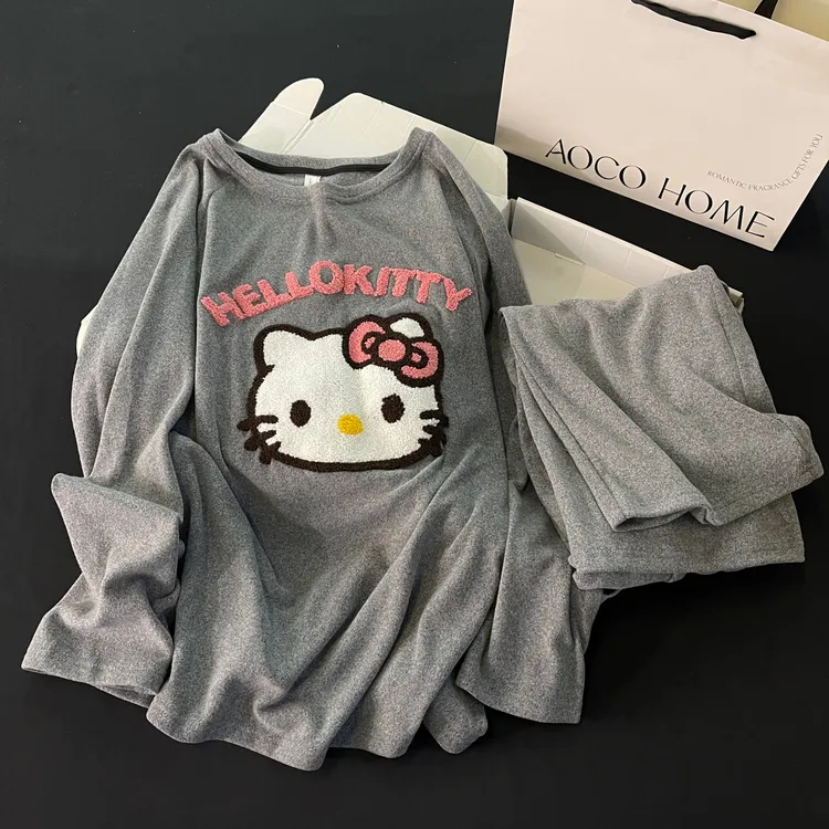 睡衣女春秋季德绒长袖2025新款大码保暖可外穿家居服冬天kt猫套装