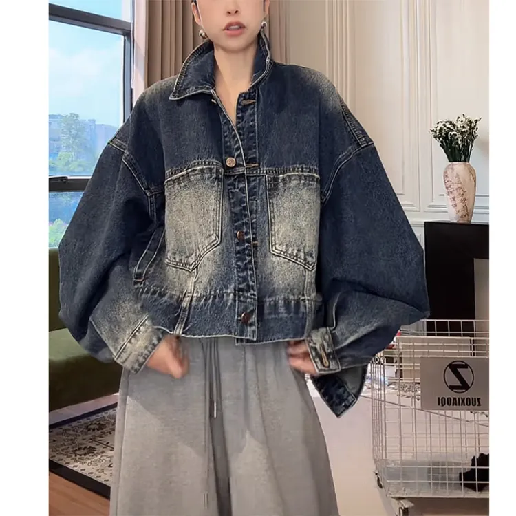 2025春秋新款oversize翻领渐变衬衫牛仔外套女港风复古设计感上衣