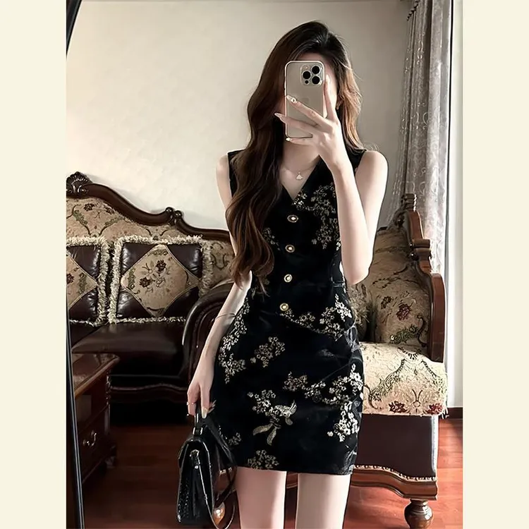夏季贵气感穿搭重要场合轻奢高级感富家千金小香风黑色连衣裙套装