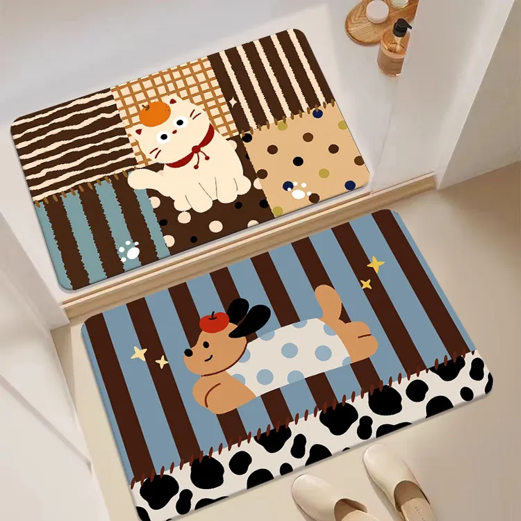 （两条装）可爱小猫小狗硅藻泥底吸水防滑家用卫生间脚垫