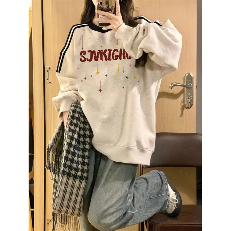 三条杠条纹圆领卫衣女秋冬加绒小个子美式宽松无帽上衣oversize潮