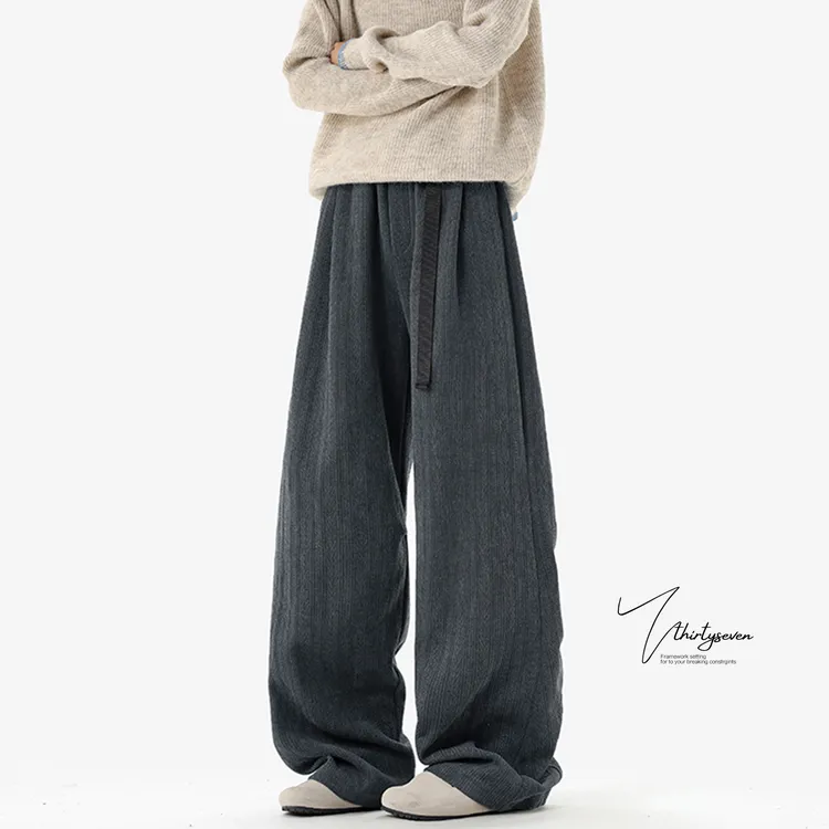 V37美式复古雪尼尔坠感直筒裤男秋季阔腿灯笼裤宽松休闲拖地长裤