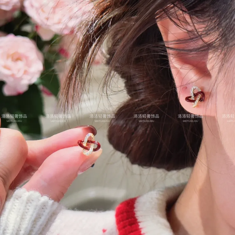铜合金耳饰 安哥拉红如意结耳钉高级小众款饰品新年款显白3075