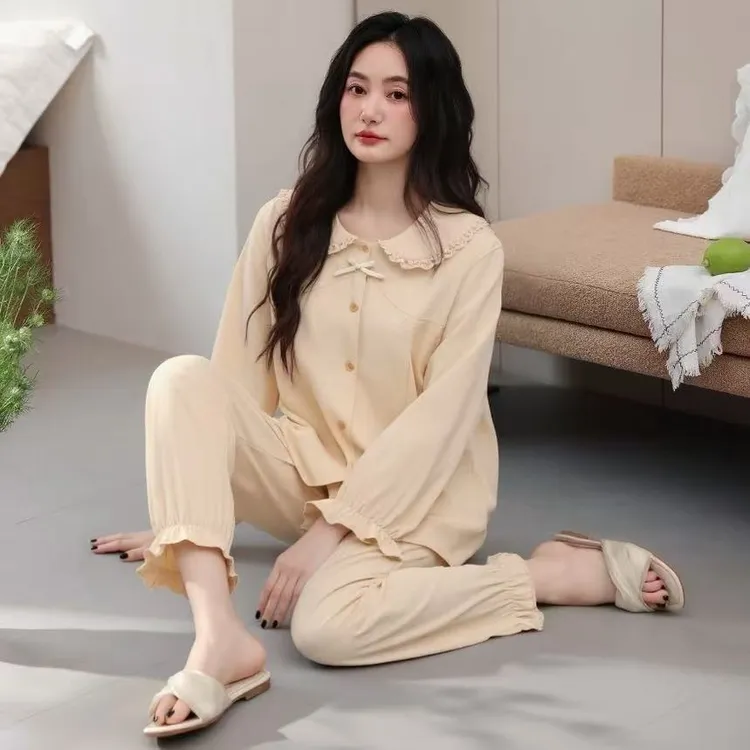 春秋季新款娃娃领开衫长袖长裤睡衣女士韩版气质家居服套装可外穿