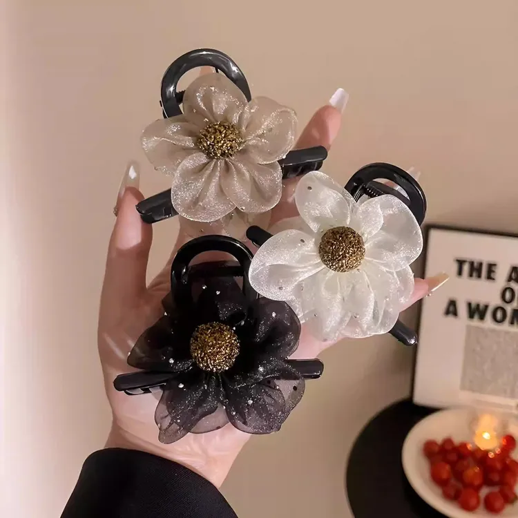 网纱水钻花朵发夹后脑勺鲨鱼夹子高级感盘发抓夹半扎发头饰发卡女