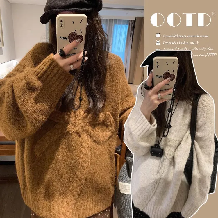 孕妇毛衣蝴蝶结针织衫2026秋冬新款宽松慵懒圆领套头加厚外穿保暖