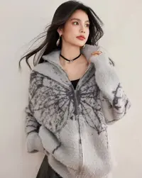 猫也·水貂毛蝴蝶提花开衫毛衣男女秋冬款外套软糯 （微瑕疵）