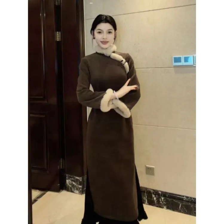 球球夫人丨琥珀）120cm冬季加绒美拉德棕色后拉链单层长袖旗袍秋冬