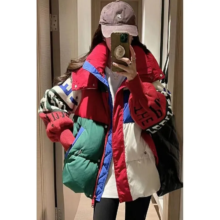 棉衣女冬季新款欧洲站时尚宽松显瘦撞色连帽针织袖字母设计感棉服