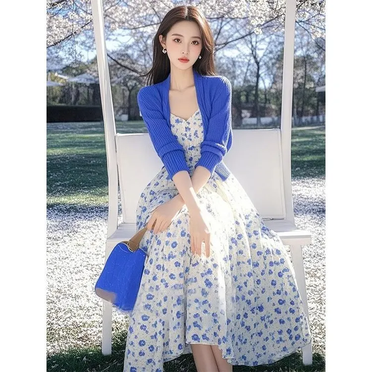 韩式薄款御姐风克莱因蓝针织开衫碎花裙两件套2025春秋高级感套装