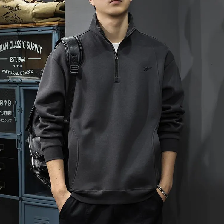 秋冬美式潮牌重磅刺绣polo领卫衣男半拉链宽松大码春季新款上衣潮