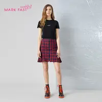 MARKFAST设计师品牌秋季黑红格纹鱼尾朋克包臀迷你短裙M1BFW70020