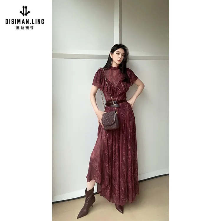 迪丝嫚苓红色连衣裙自带腰带气质时尚显瘦轻奢女士长款小众优雅感