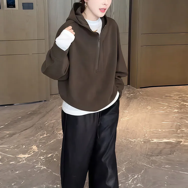 半拉链纯色连帽卫衣外套女2025秋季新款高级感慵懒风休闲百搭上衣