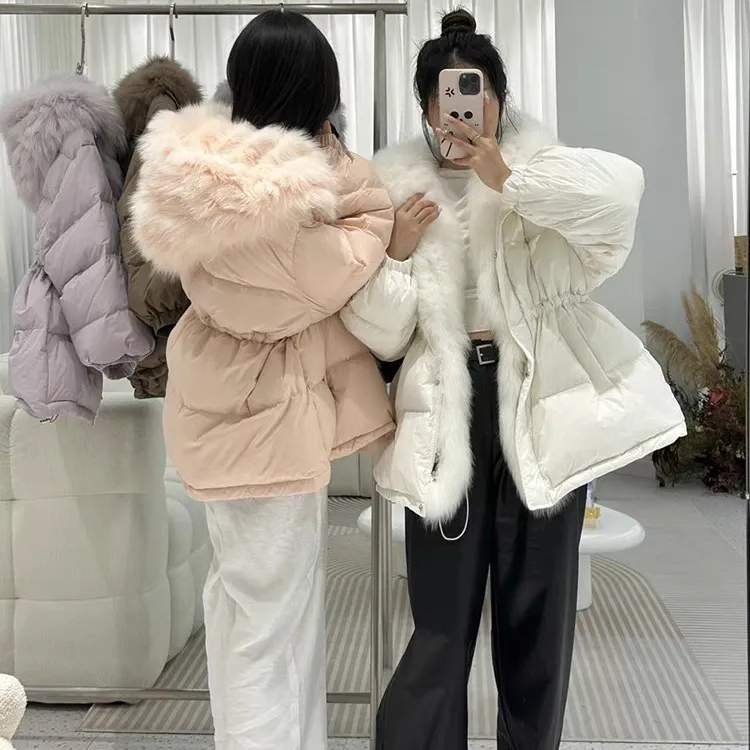 欧洲站2024年新款大毛领连帽中长款韩版服女收腰显瘦外套