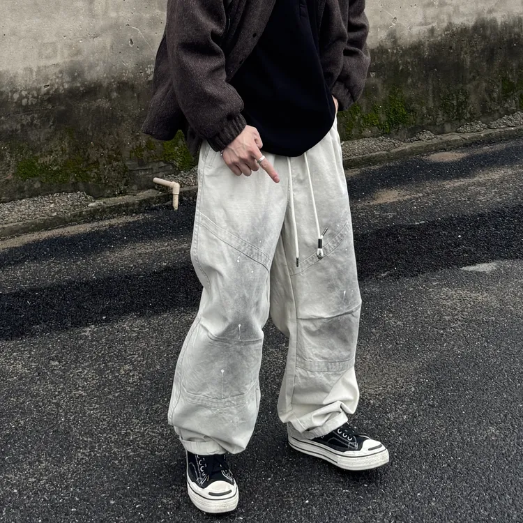 AAL秋冬季美式重工水洗泼墨磨毛加厚直通宽松做旧休闲裤高街复古