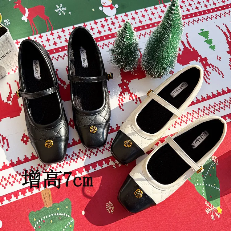 【现货】粗跟增高7cm~小香风玛丽珍鞋女拼色格菱英伦香奶奶单鞋