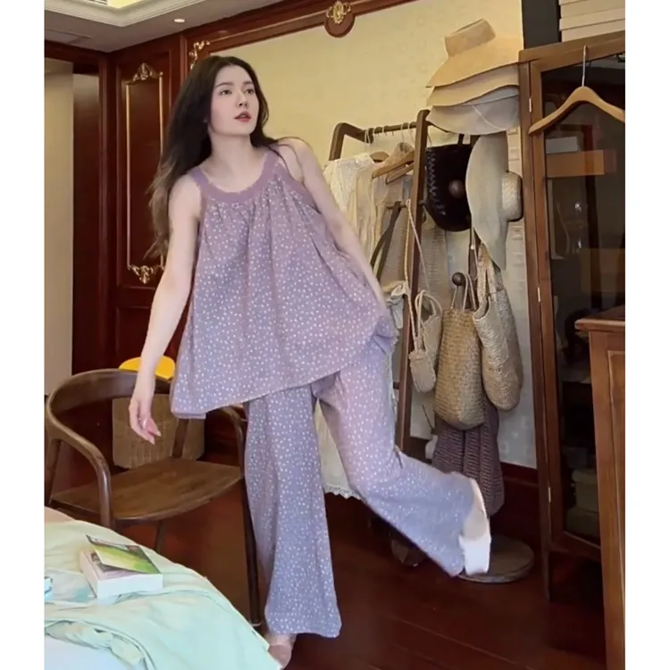 吊带长裤薄款女士睡衣夏季新款休闲慵懒风紫色碎花套头家居服套装