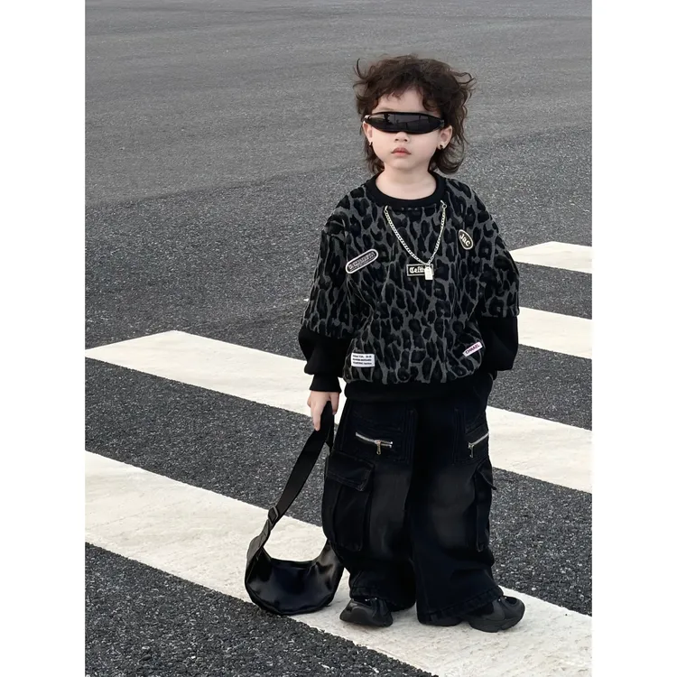 男童韩版秋冬新款儿童加绒豹纹假两件卫衣工装牛仔裤两件套潮 FY