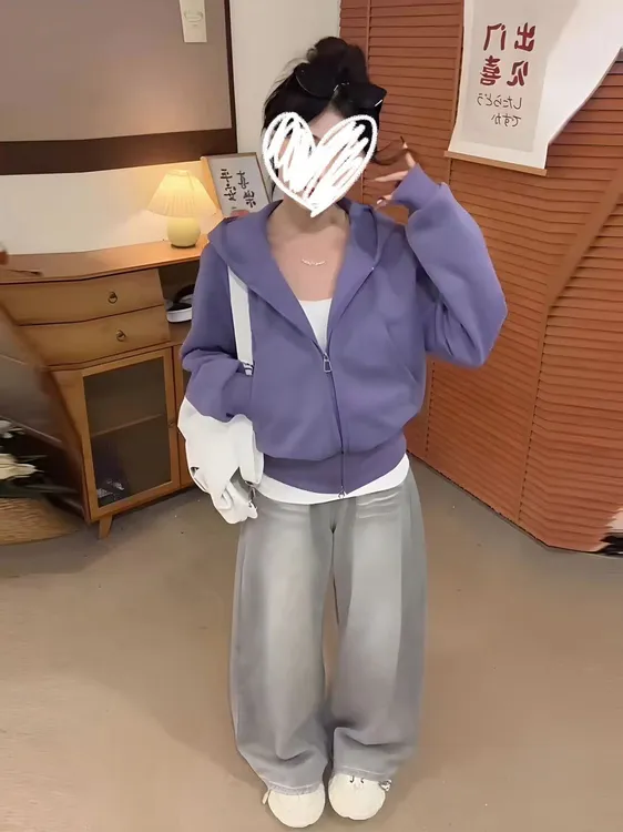 大码女装秋季新款连帽卫衣长袖外套开衫糖果色休闲宽松减龄上衣