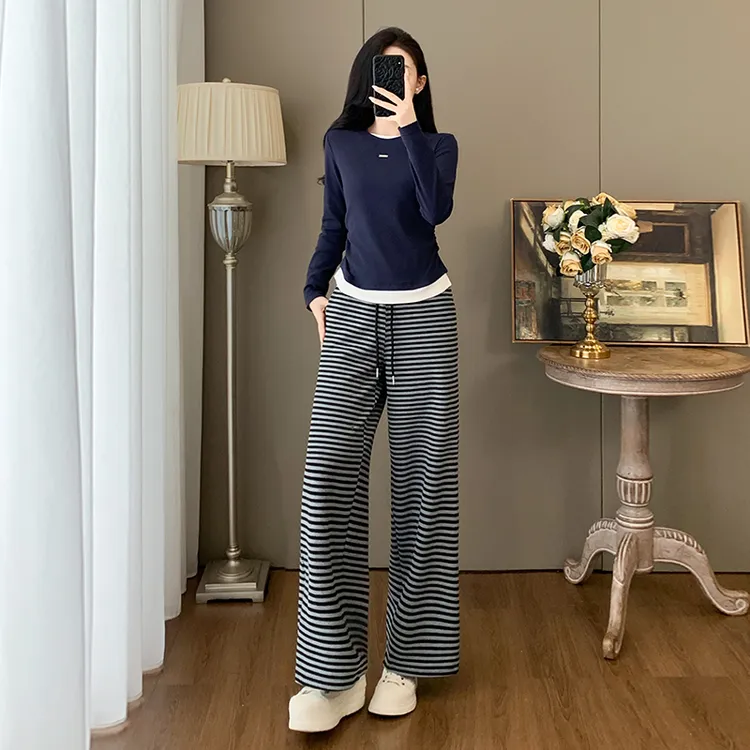 高级感时尚休闲套装女春秋2025新款宽松减龄假两件卫衣条纹长裤