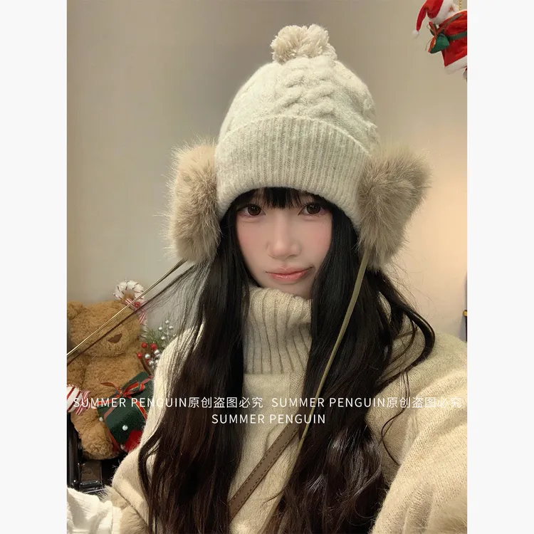 SUMMER PENGUIN韩版毛绒球绑带针织雷锋帽子女保暖可爱护耳毛线帽