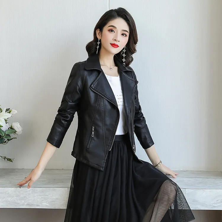 黑色小皮衣女洋气2023百搭新款大码秋冬时女士PU翻领修身夹克