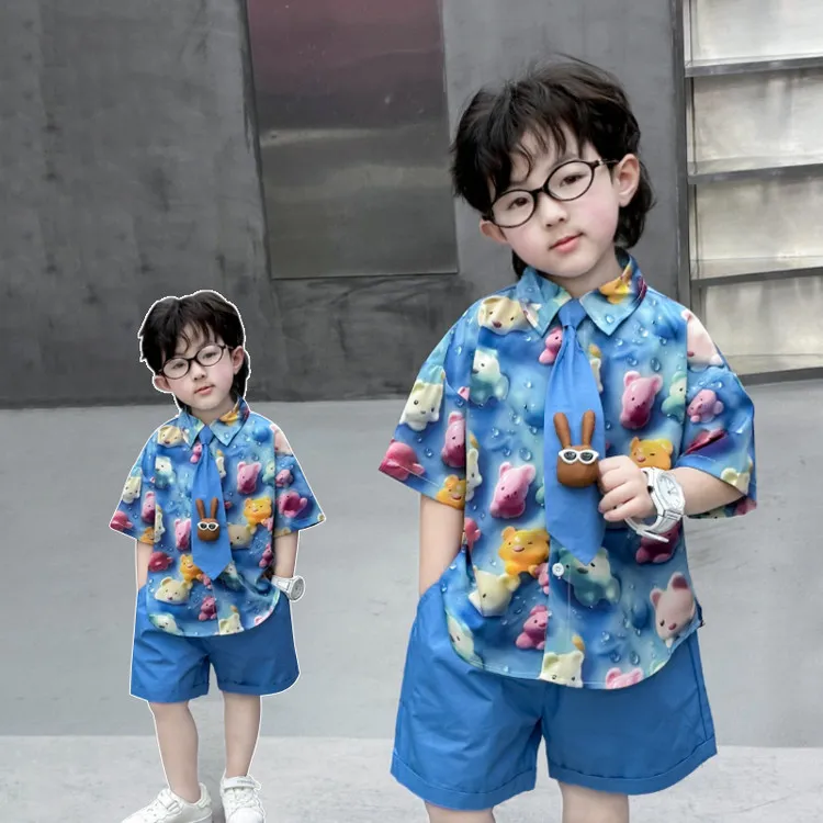 男童夏季森系套装2025新款小熊卡其色兔子领带三件套