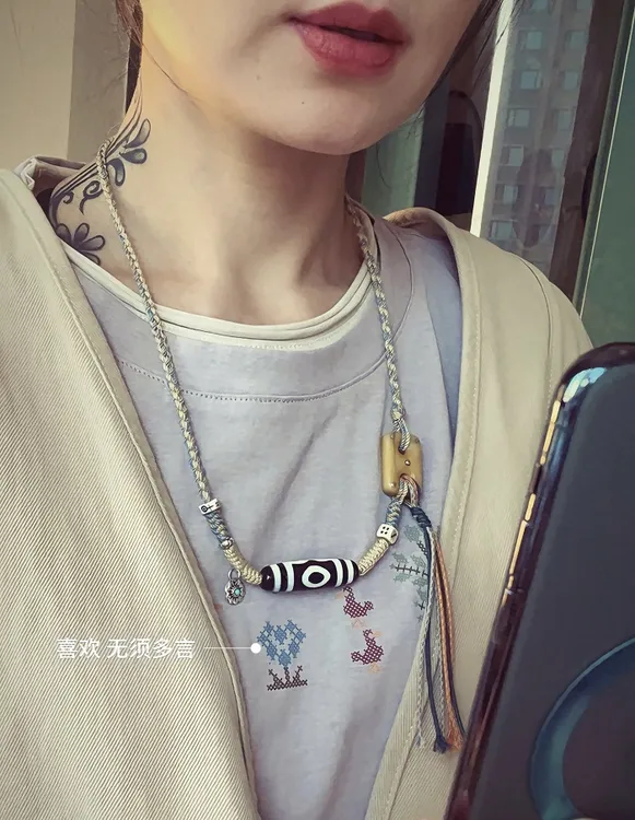 藏式搭配风格配饰熊猫三眼天珠手工编绳行运天珠项链锁骨链台珠