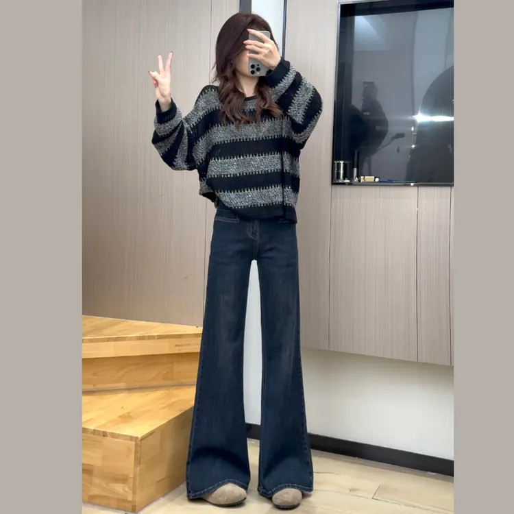 高腰蓝色牛仔裤女2025秋冬新款复古宽松微喇直筒显瘦百搭裤子7963