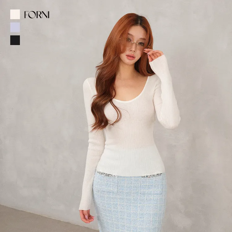 FORNI 天鹅颈 前后两穿竖坑条肌理羊毛V领修身针织打底衫