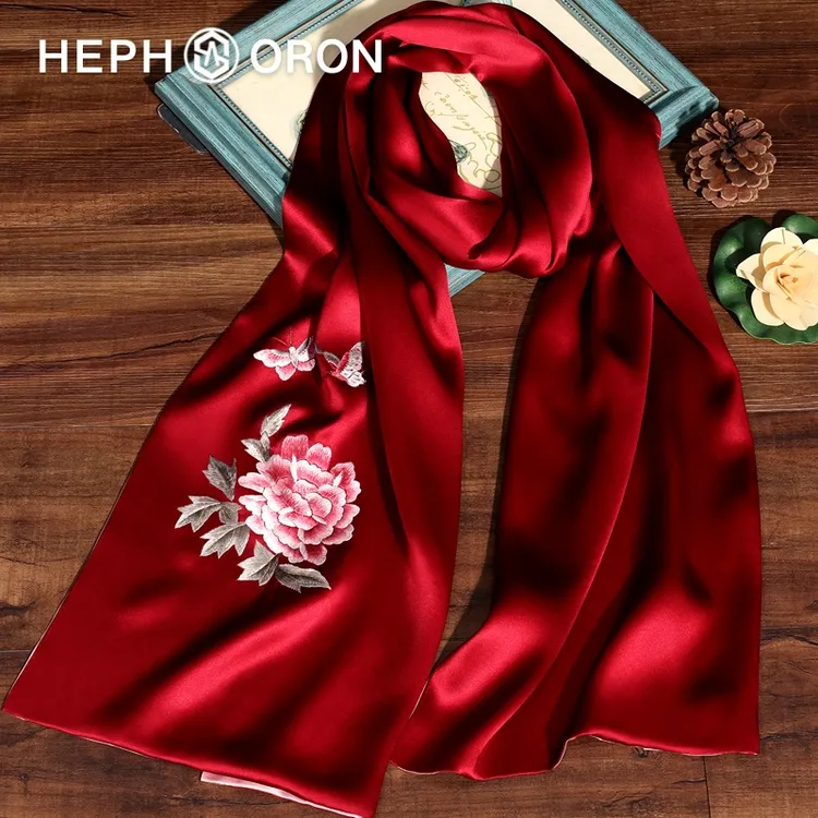 HEPHSORON苏绣丝巾礼盒送妈妈红色刺绣百搭高级感桑蚕丝真丝围巾