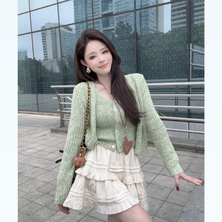 【晓溪服饰】秋季新款纯色时尚休闲长袖开衫针织衫两件套753