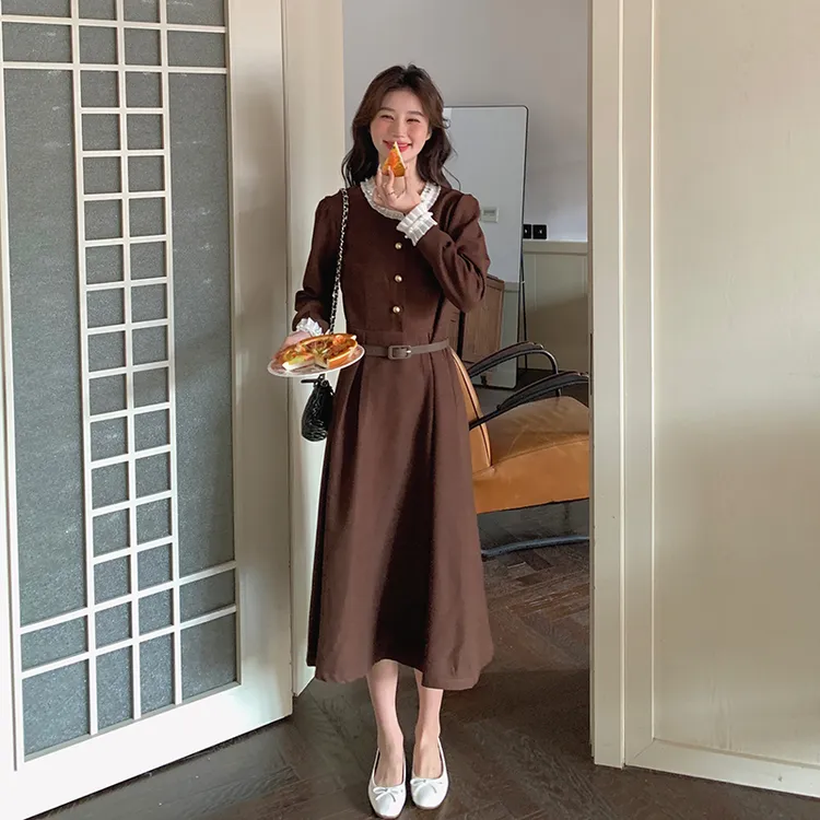 显瘦法式春秋蝴蝶结灯芯绒连衣裙女装秋季拼接气质时尚长裙长袖